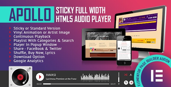 Apollo - Sticky Full Width HTML Audio Player - Elementor Widget Addon