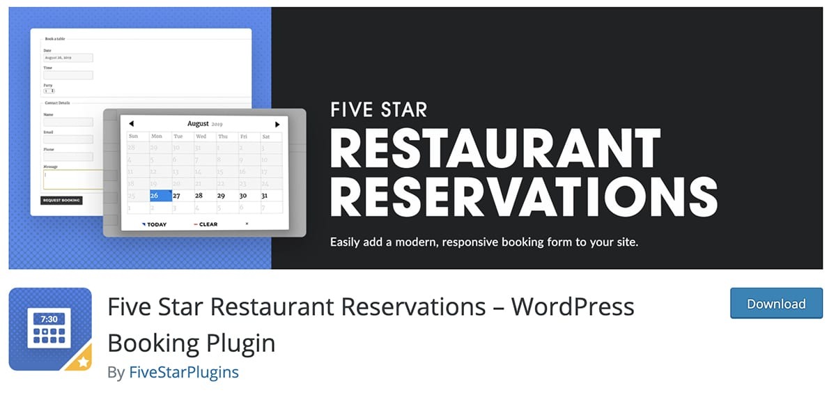 Five Star Restaurant Reservations Premium- WordPress Booking Plugin