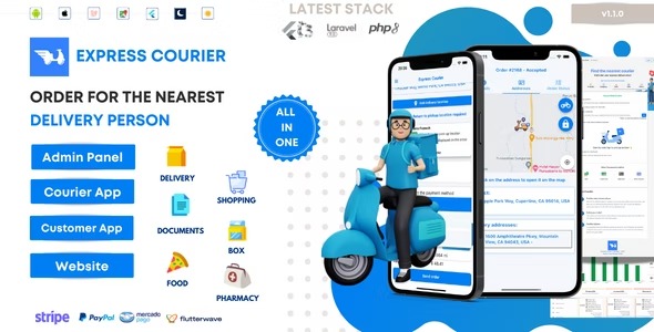 Express Courier Company and Delivery Man with Customer and Courier App