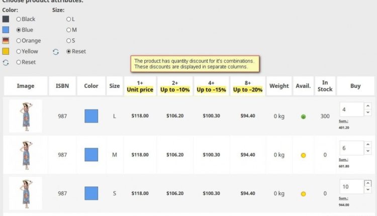 Viewing product combinations in a table Module [PrestaShop]