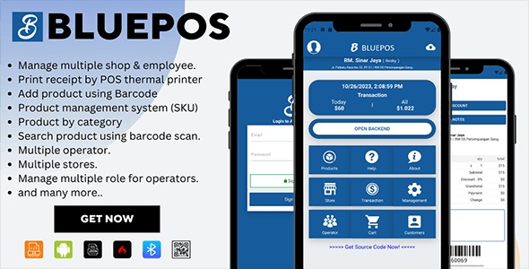 BLUEPOS Android Mobile Point of sale (POS) With Admin Backend API